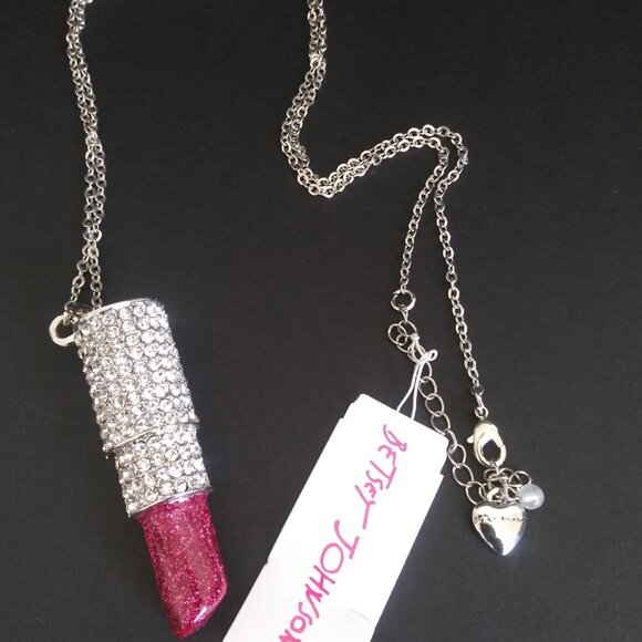 Betsey Johnson Pink Lipstick Bling Silver Metal Link Pendant Chain - Picture 2 of 5